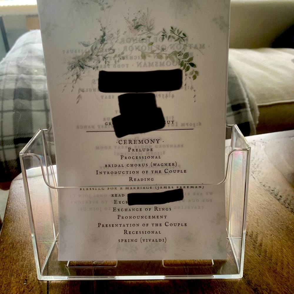 Acrylic wedding program/brochure holder